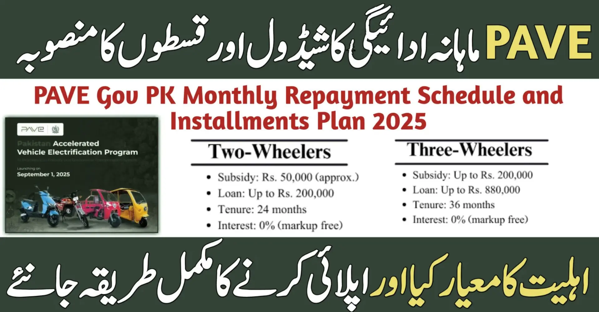 PAVE Gov PK Vehicle Monthly Repayment Schedule and Installments Plan